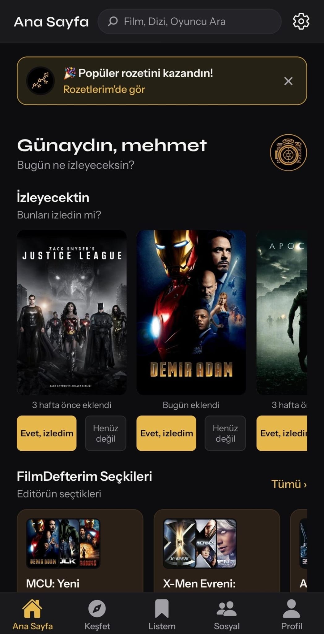 FilmDefterim Ana Sayfa ekranı