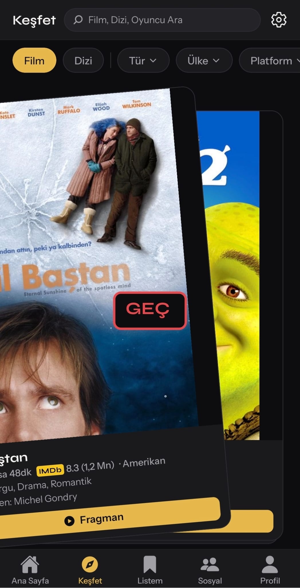 FilmDefterim Keşfet ekranı — sola kaydır, geç