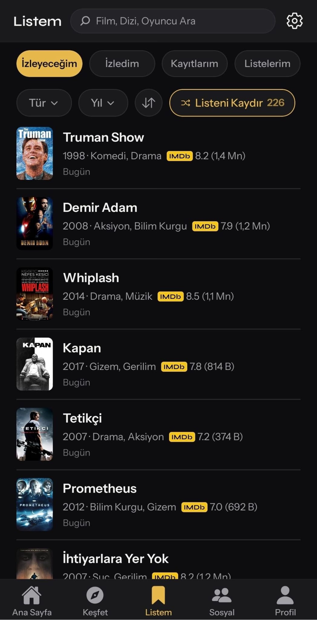 FilmDefterim Listem ekranı