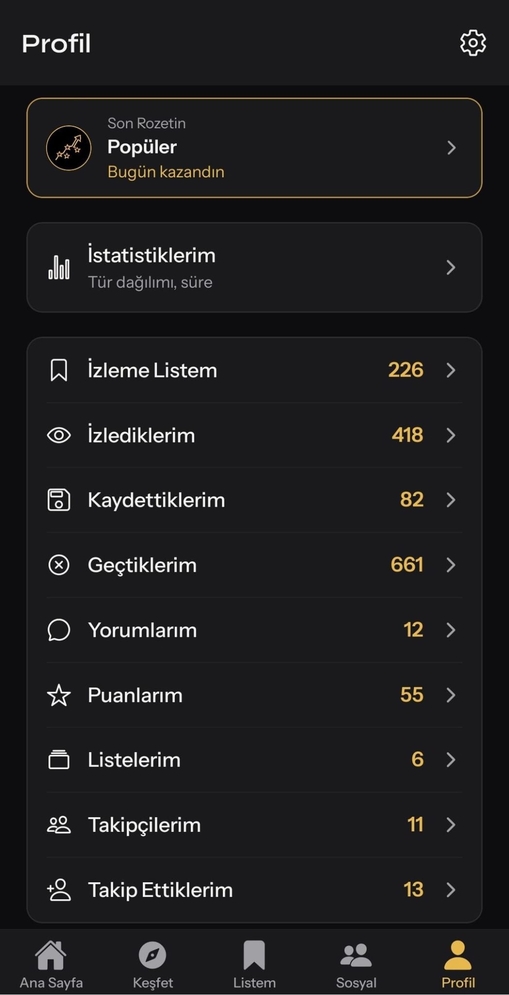 FilmDefterim Profil ekranı